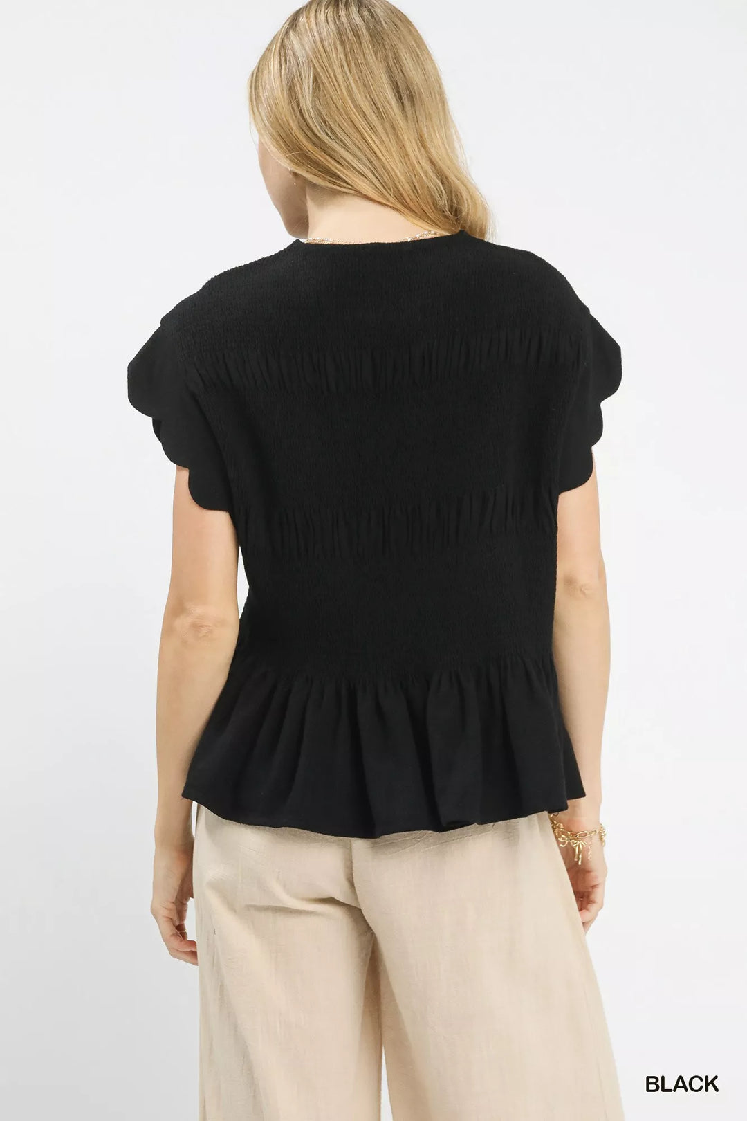 Black Umgee Linen Blend Smocked Peplum Blouse