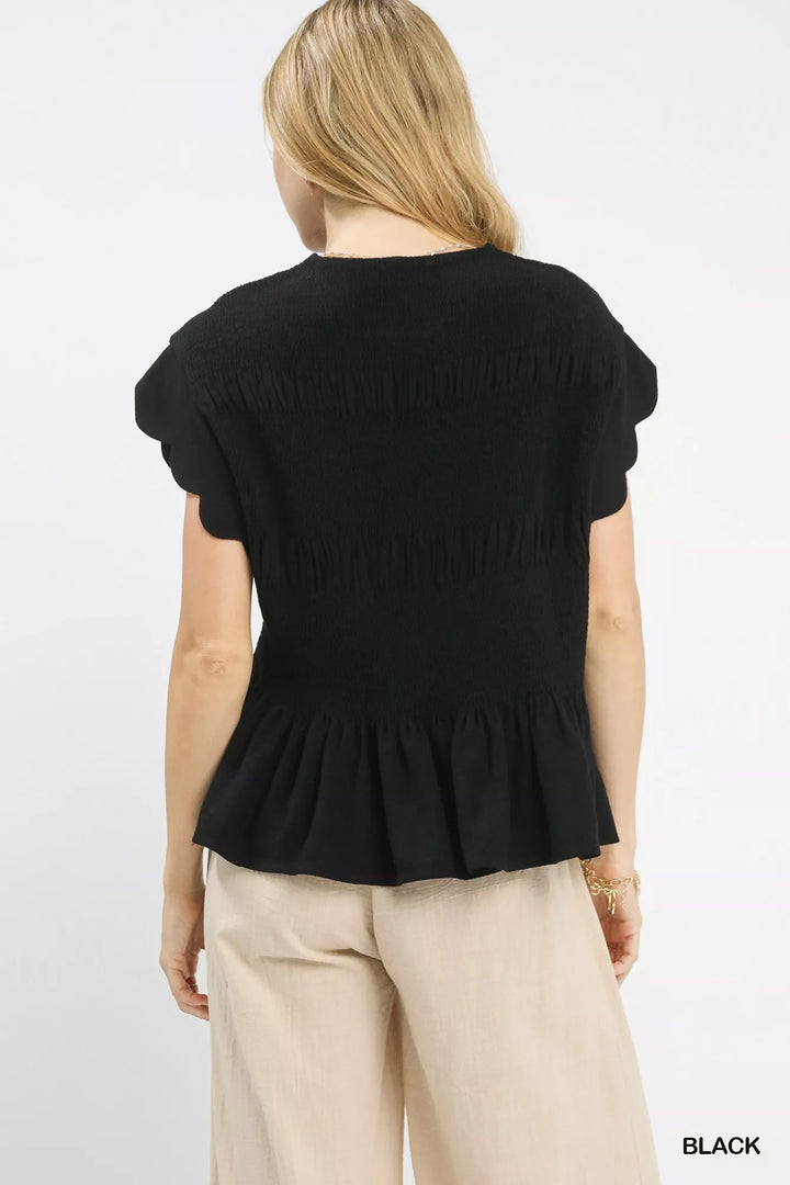 Black Umgee Linen Blend Smocked Peplum Blouse