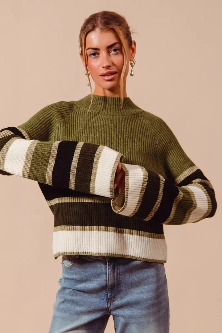 Olive Combo So Me Multi Color Striped Mock Neck Sweater