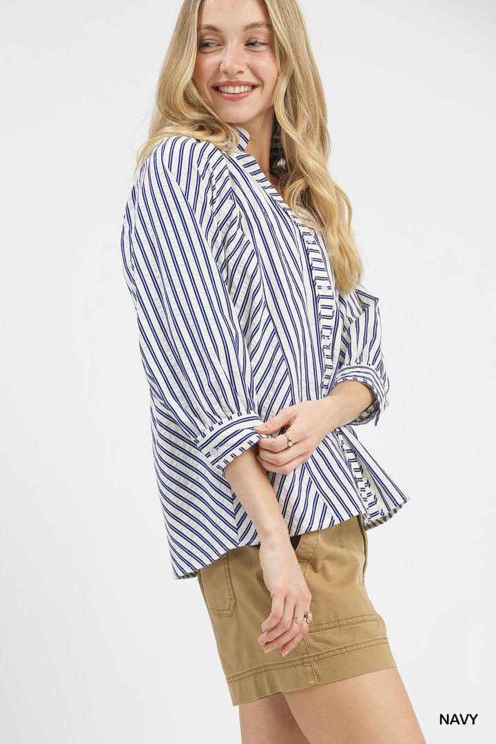 Navy Umgee Striped V Neck Button Down Top