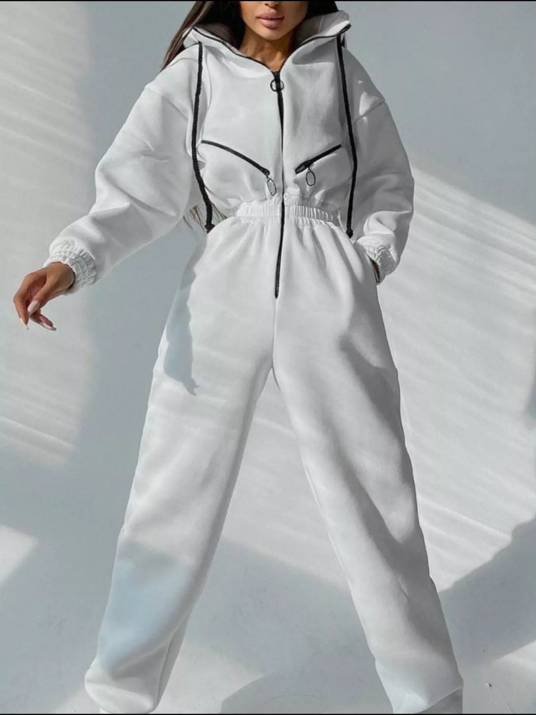 White Hooded Zip Up Long Sleeve Jumpsuit