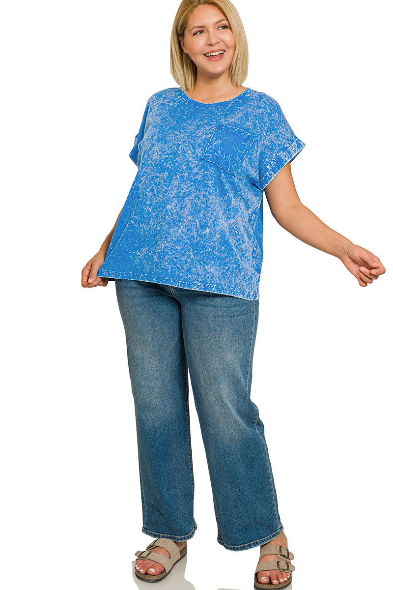 Ocean Blue Zenana Full Size Crinkle Washed Round Neck Folded Short Sleeve Tee Plus Size 1