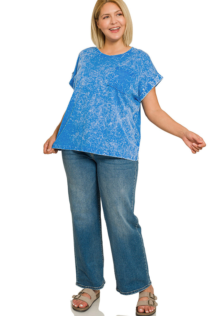 Ocean Blue Zenana Full Size Crinkle Washed Round Neck Folded Short Sleeve Tee Plus Size 1