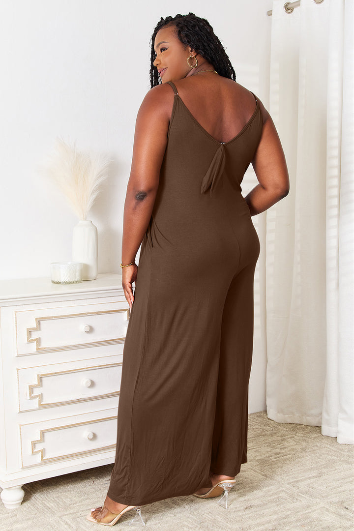 Sky Blue Double Take Full Size Soft Rayon Spaghetti Strap Tied Wide Leg Jumpsuit