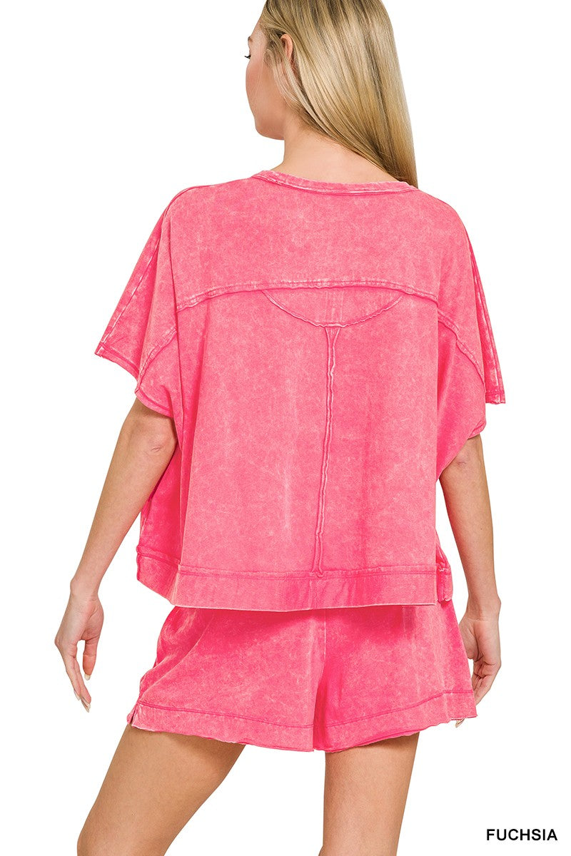 Fuchsia Zenana Acid Washed Oversized Top Shorts Set