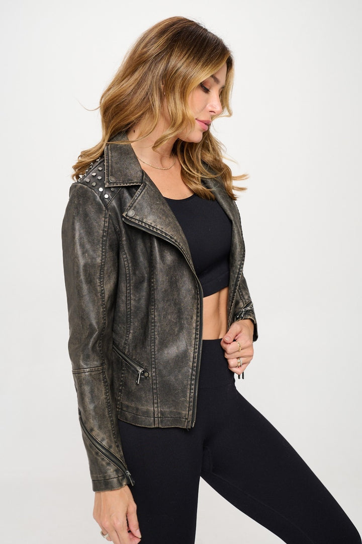 Brown Coalition La Studded Classic Moto Faux Leather Jacket 1
