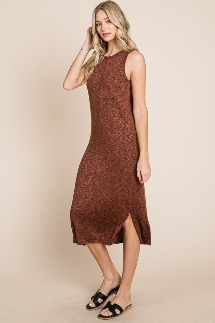 Rust Bombom Slit Round Neck Sleeveless Midi Dress