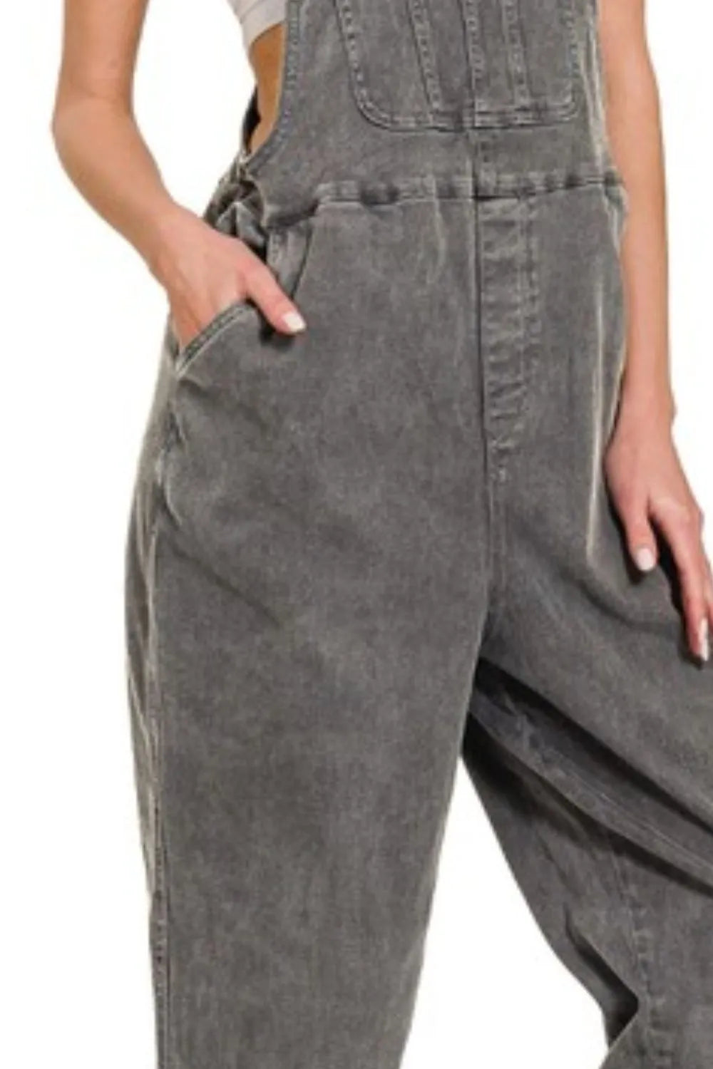 Ash Black Zenana Washed Knot Strap Relaxed Fit Overalls 3