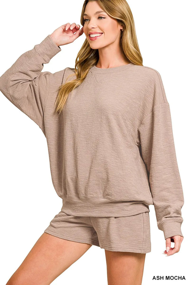 Ash Mocha Zenana Slub Long Sleeve Top And Shorts Set 2