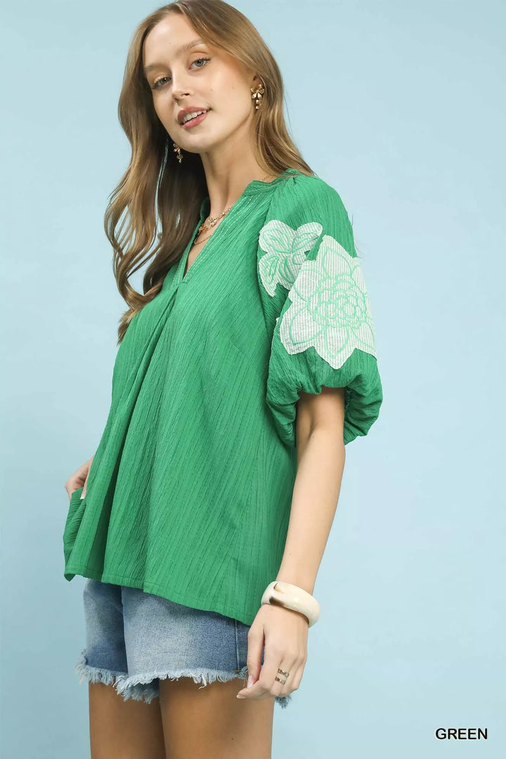 Green Umgee Embroidered Balloon Sleeve Notch Neck Blouse 1