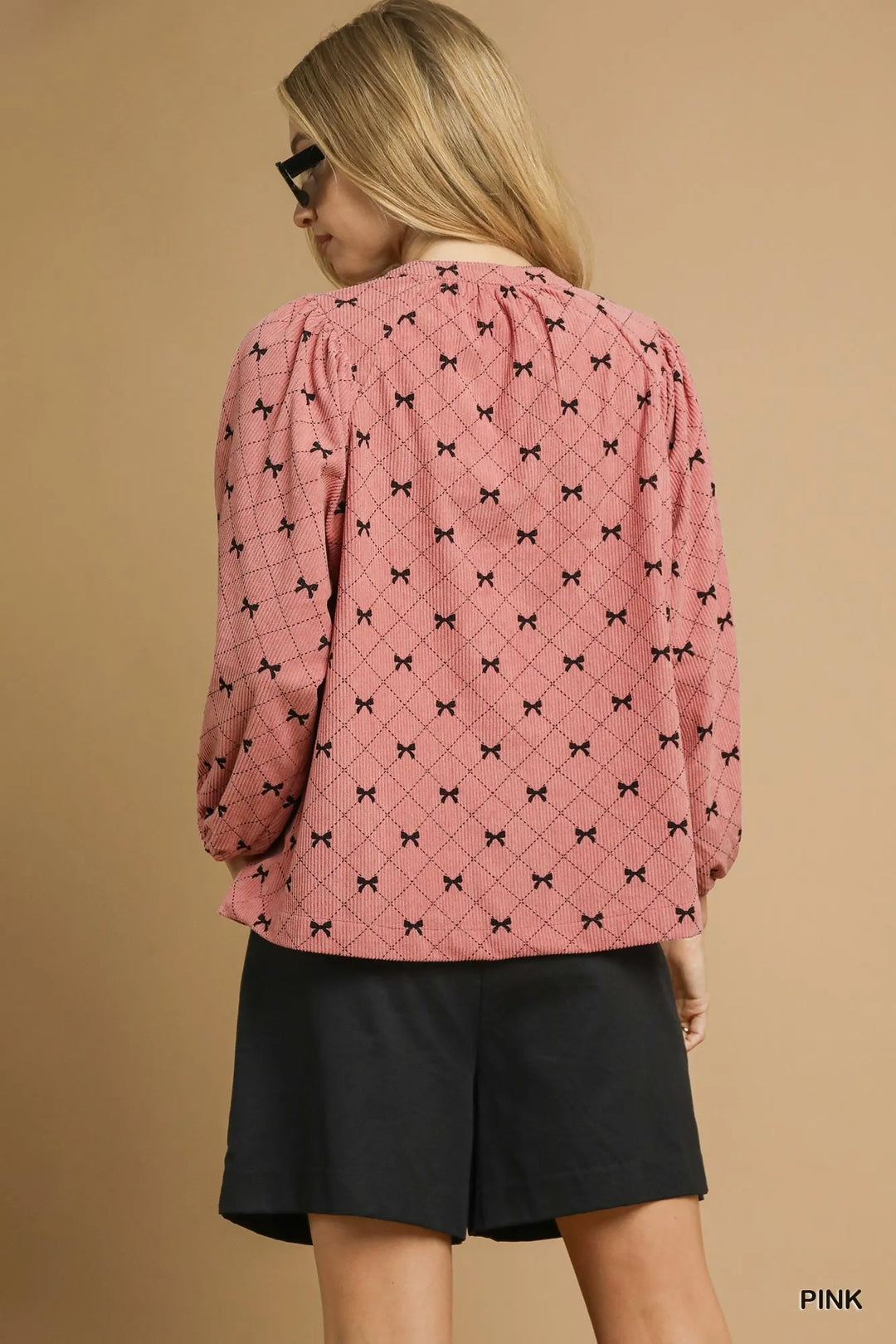Pink Umgee Corduroy Bow Print Balloon Sleeve Blouse 1