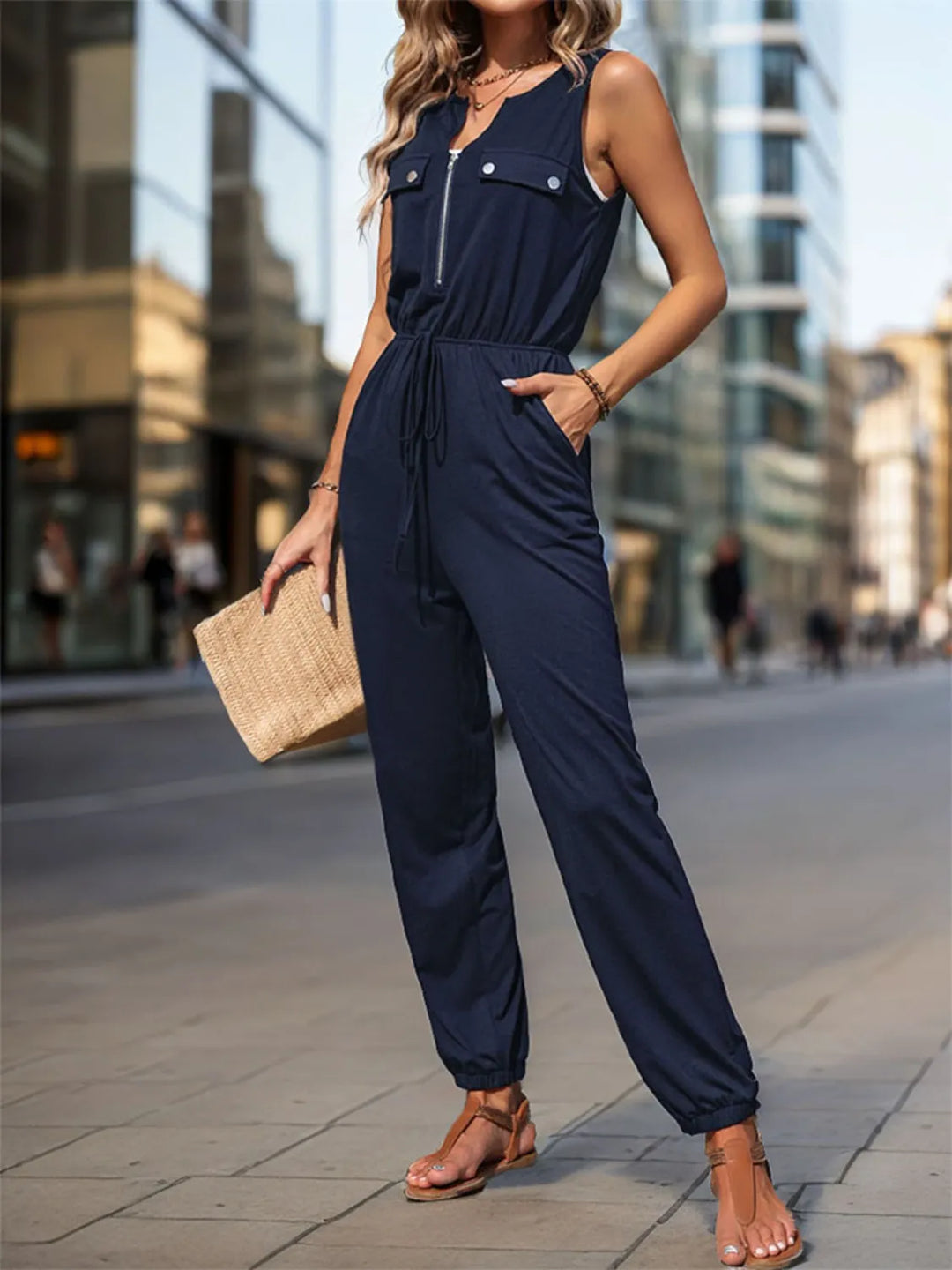 Dark Blue Drawstring Waist Sleeveless Jumpsuit