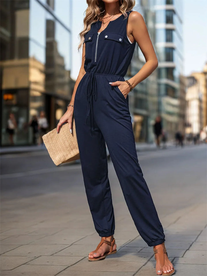 Dark Blue Drawstring Waist Sleeveless Jumpsuit