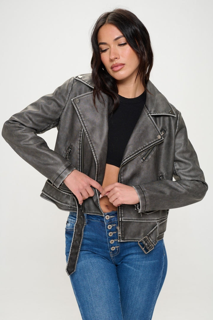 Black Coalition La Zip Up Biker Jacket With Belt 1