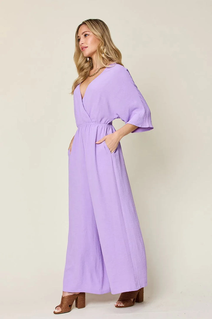 Lavender Double Take Full Size Surplice Wide Leg Jumpsuit With Pockets