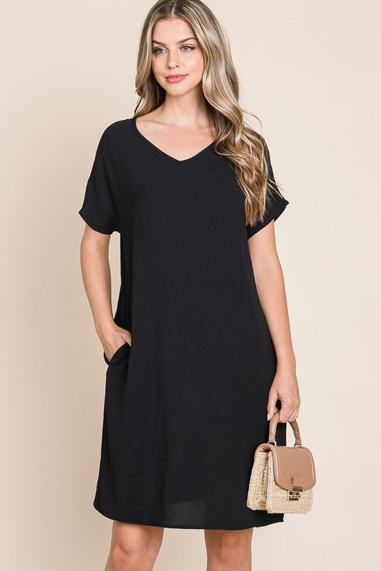 Black Bombom V Neck Short Sleeve Dress With Pockets 1