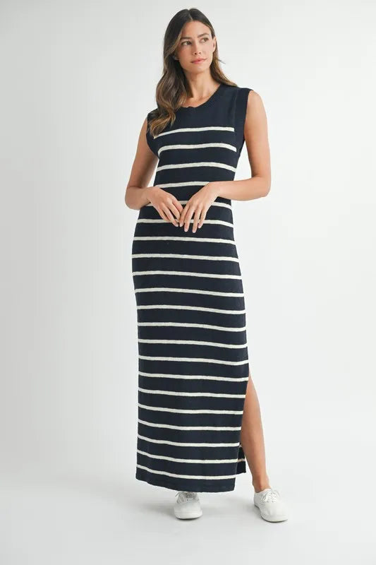 Navy Mable Sleeveless Stripe Sweater Maxi Side Slit Dress