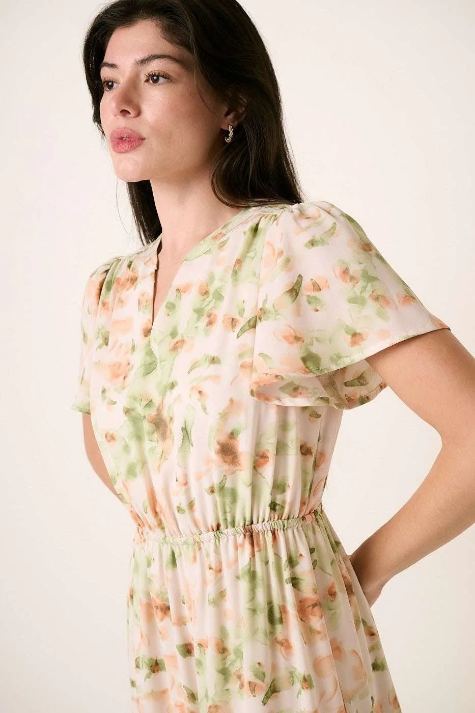 Sage Mittoshop Flower Print Flutter Sleeve V Slit Maxi Dress 1