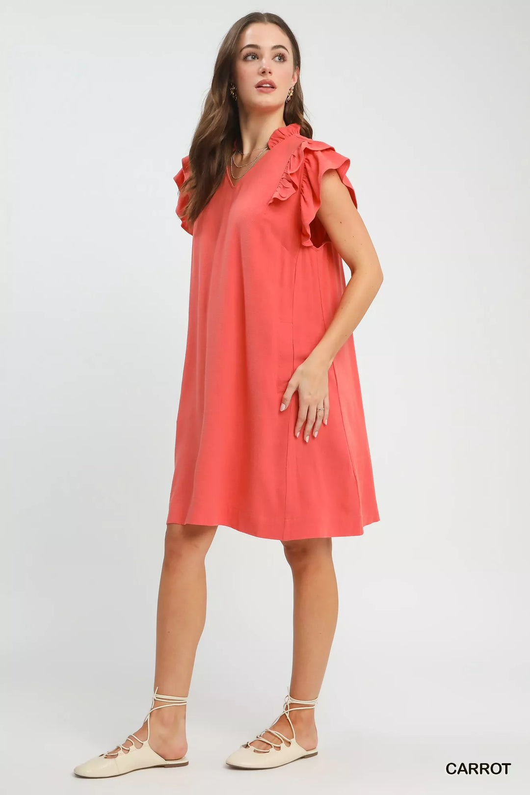 Carrot Umgee Linen Flutter Sleeve Shift Dress With Pockets 1