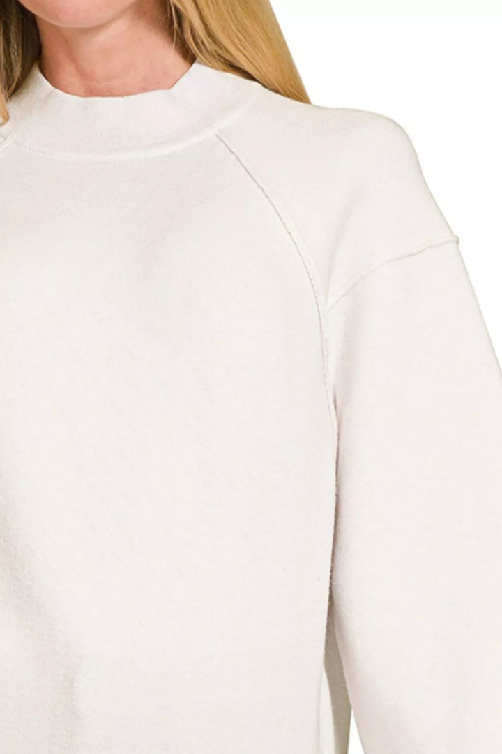 Off White Zenana Viscose Mock Neck Exposed Seam Sweater 2