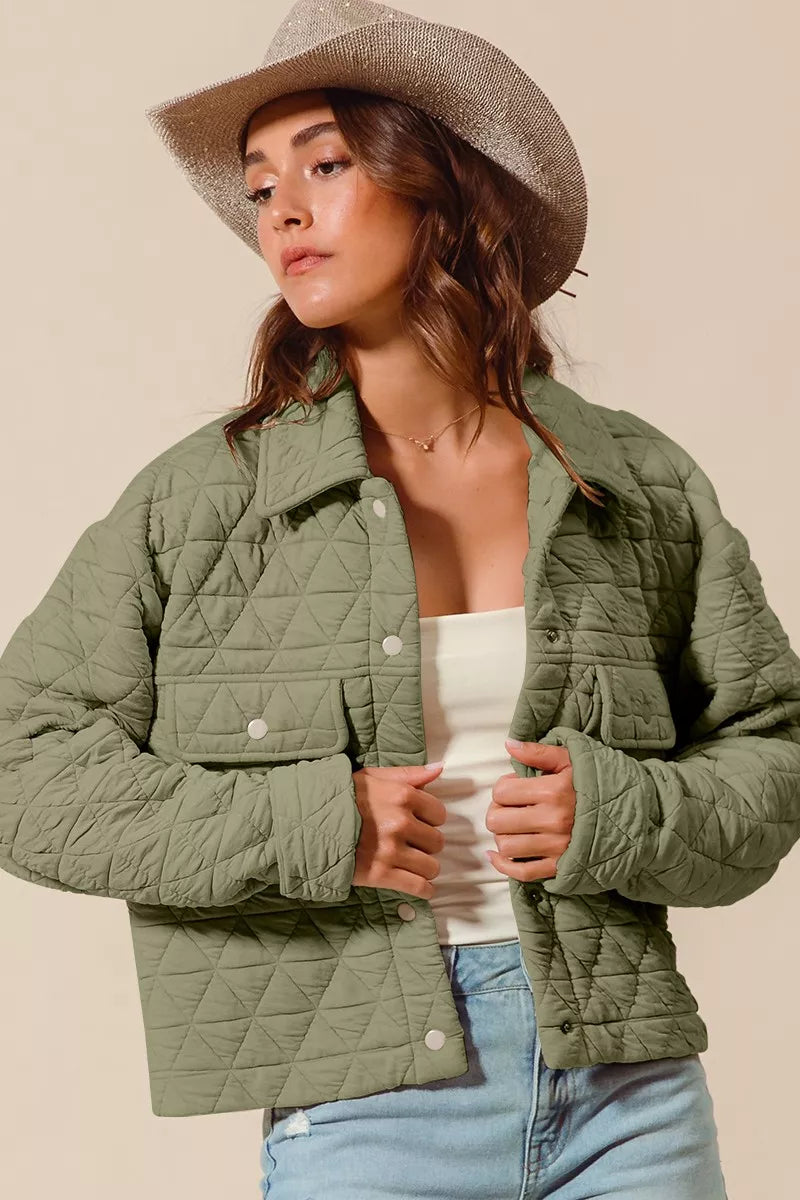 Lt Olive So Me Triangle Quilting Stitch Button Up Knit Jacket