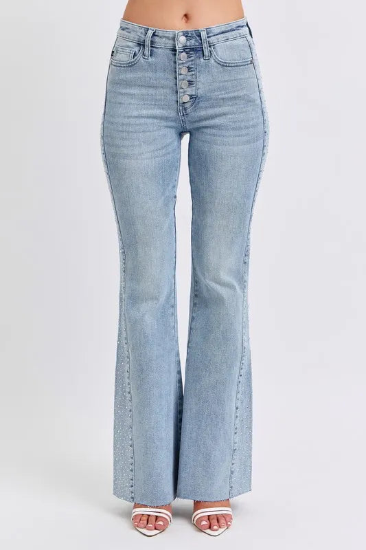Lt Judy Blue Full Size Mid Rise Rhinestone Side Panel Detail Flare Jeans Plus Size