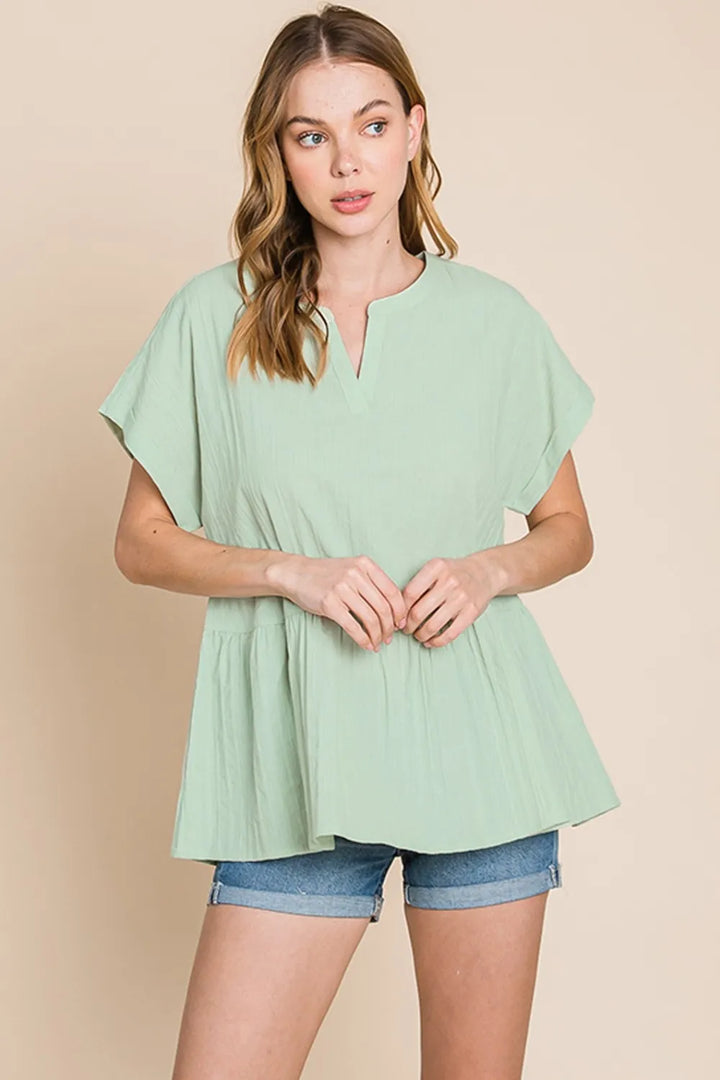 Sage Cotton Bleu By Nu Lab Ruched Notched Short Sleeve Blouse