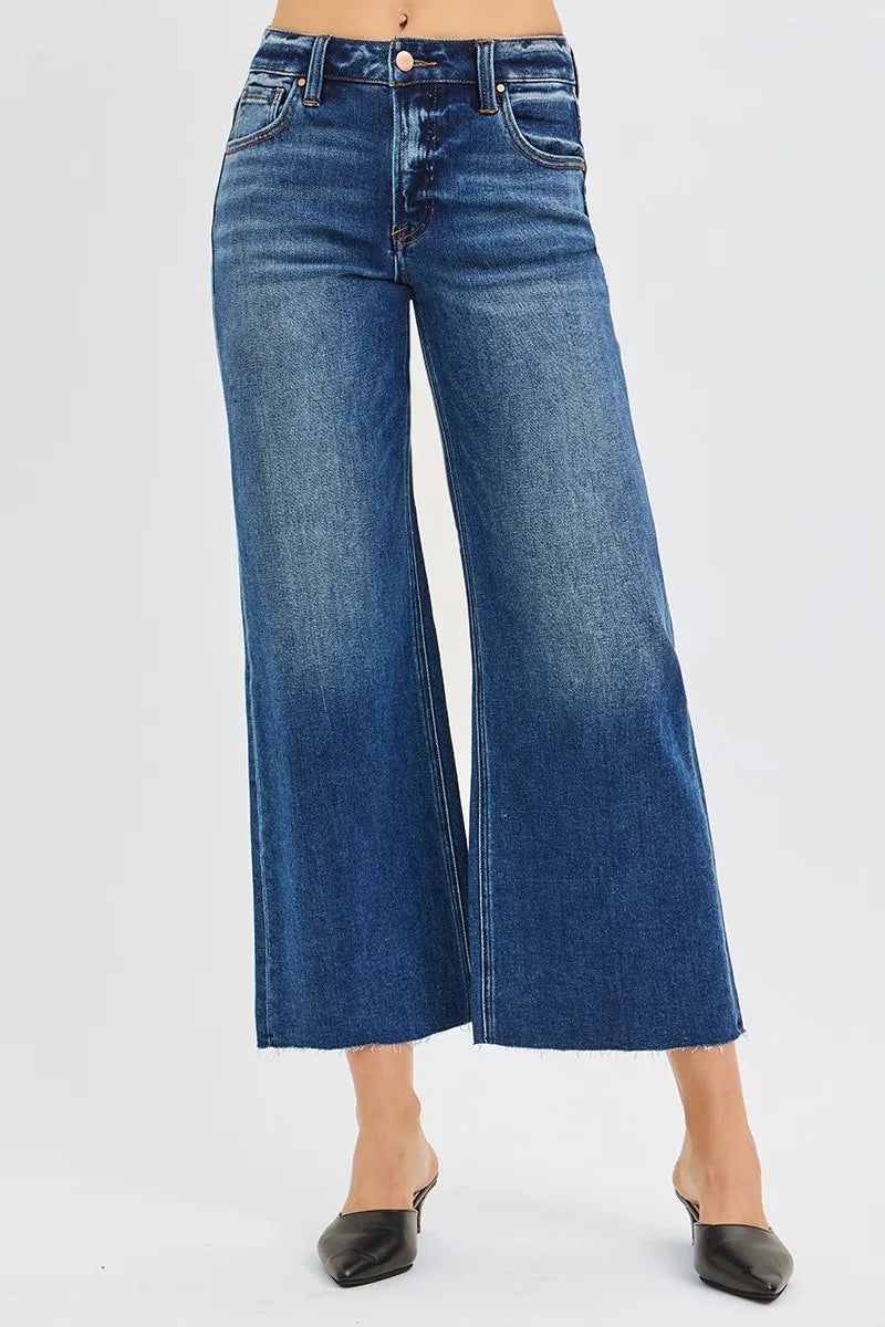 Dark Risen Full Size Mid Rise Crop Wide Raw Cut Hem Jeans Plus Size