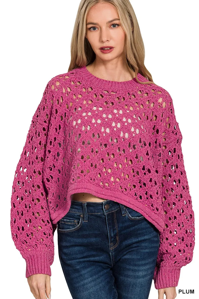 Plum Zenana Oversized Cropped Crochet Knit Sweater