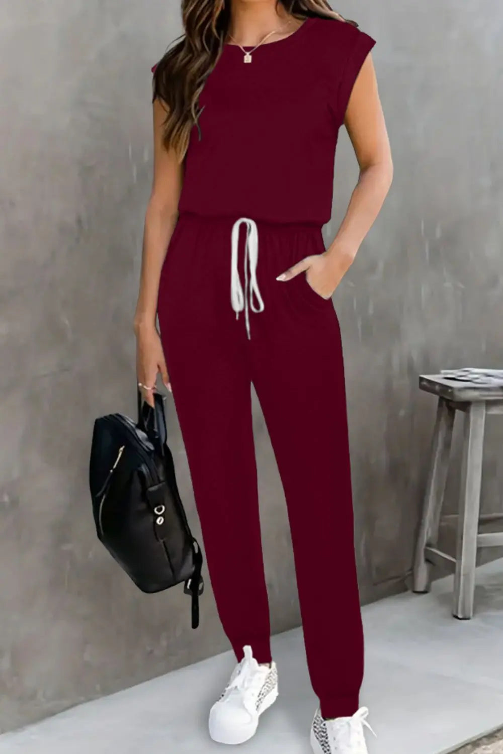 Burgundy Drawstring Round Neck Sleeveless Jumpsuit
