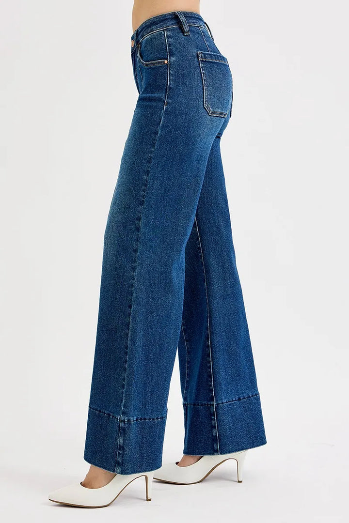 Dark Risen Full Size Tummy Control Mid Rise Ankle Wide Flare Jeans Plus Size