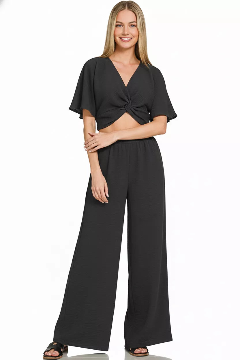 Black Zenana Woven Airflow Twisted Top Wide Leg Pants Set 4