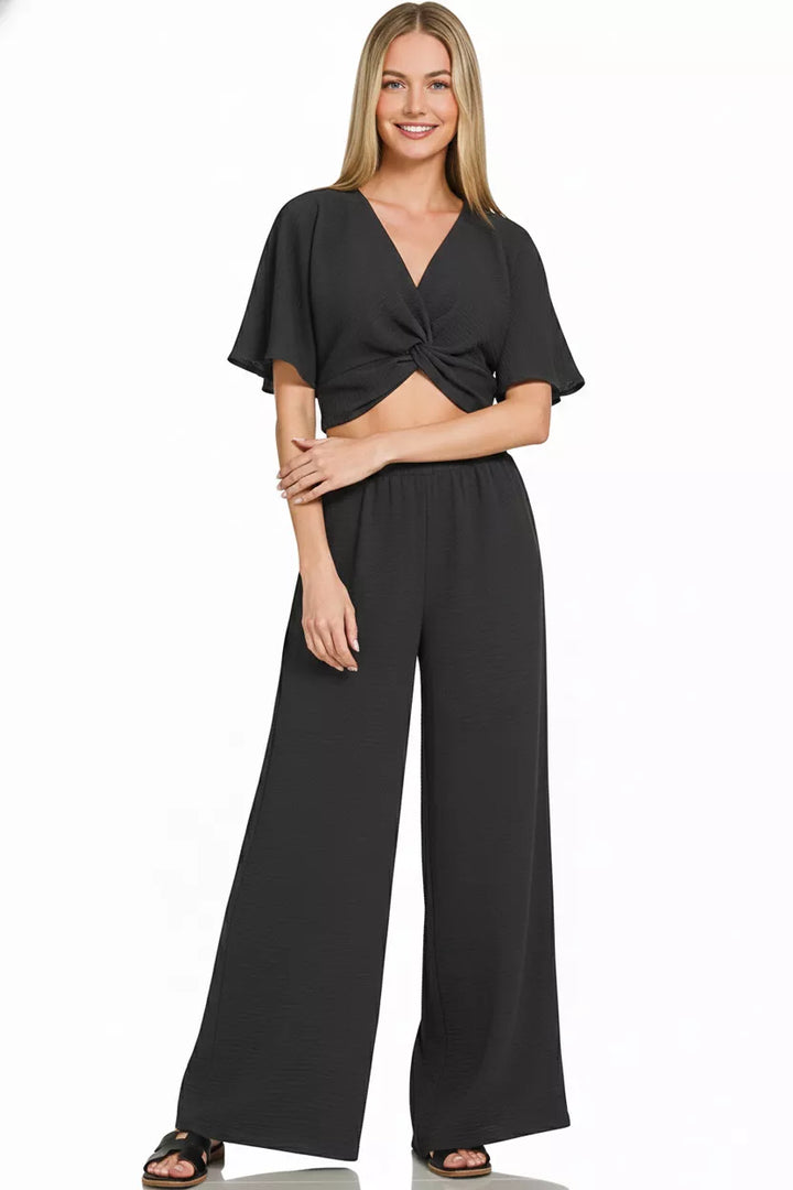 Black Zenana Woven Airflow Twisted Top Wide Leg Pants Set 4