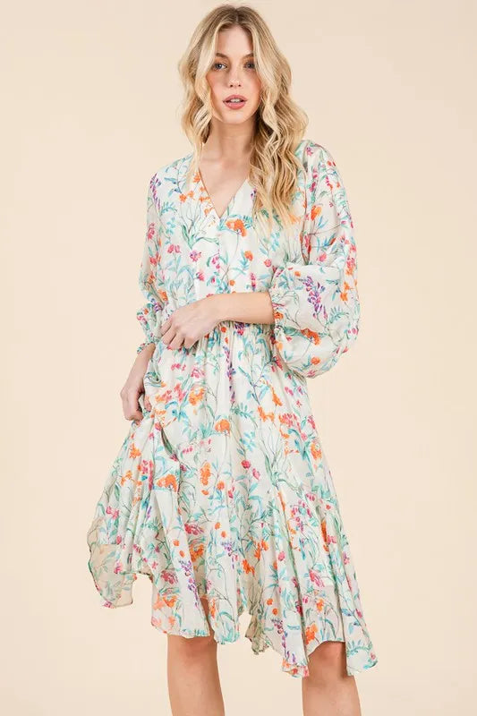 Ivory Floral Lime N Chili Floral Cinched Waist Balloon Sleeve V Neck Dress