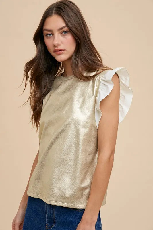 Ice Gold Annie Wear Mix Media Metallic Knit Ruffle Sleeve Top