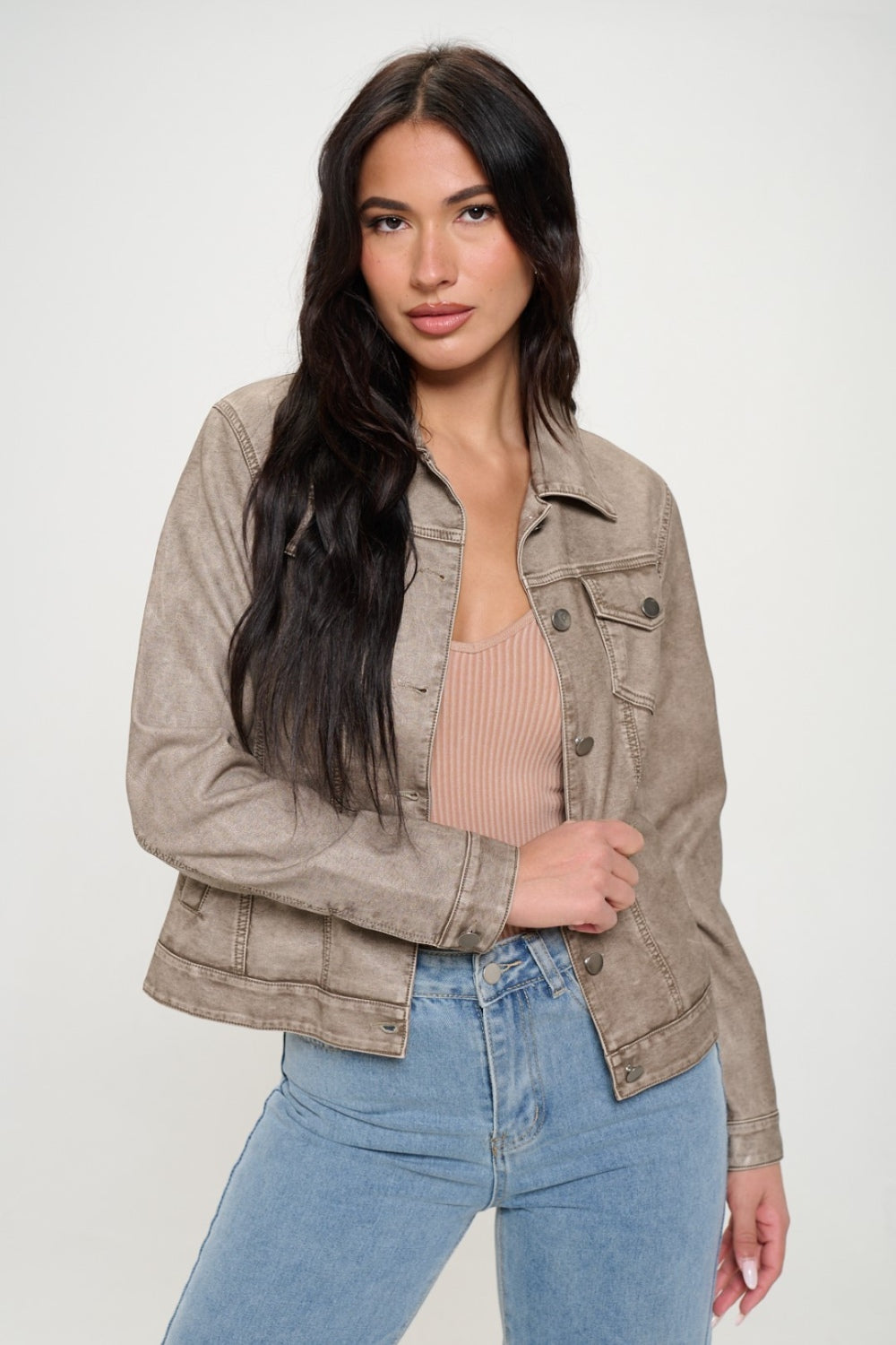 Khaki Coalition La Button Down Cargo Vegan Leather Shacket 2