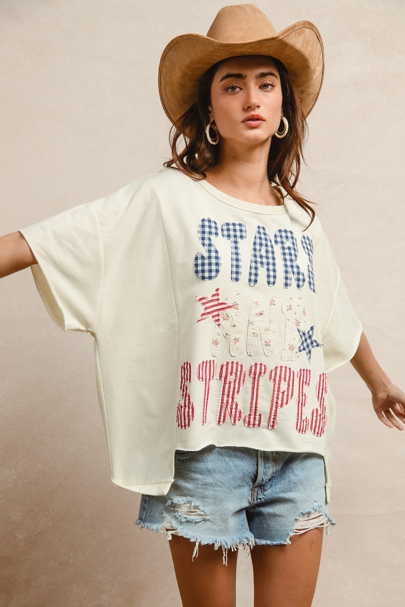 Cream Bibi Mix And Match Stars And Stripes Patchwork Short Sleeve T Shirt