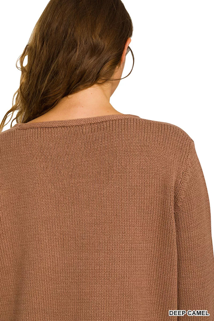 Deep Camel Zenana Beach V Neck Sweater 1
