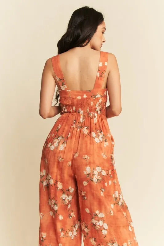 Davi Dani Floral Ruffle Square Neck Smocking Bodice Jumpsuit