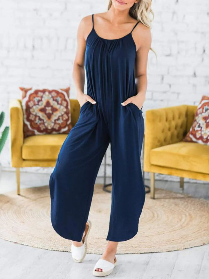 Dark Blue Slit Spaghetti Strap Jumpsuit With Pockets