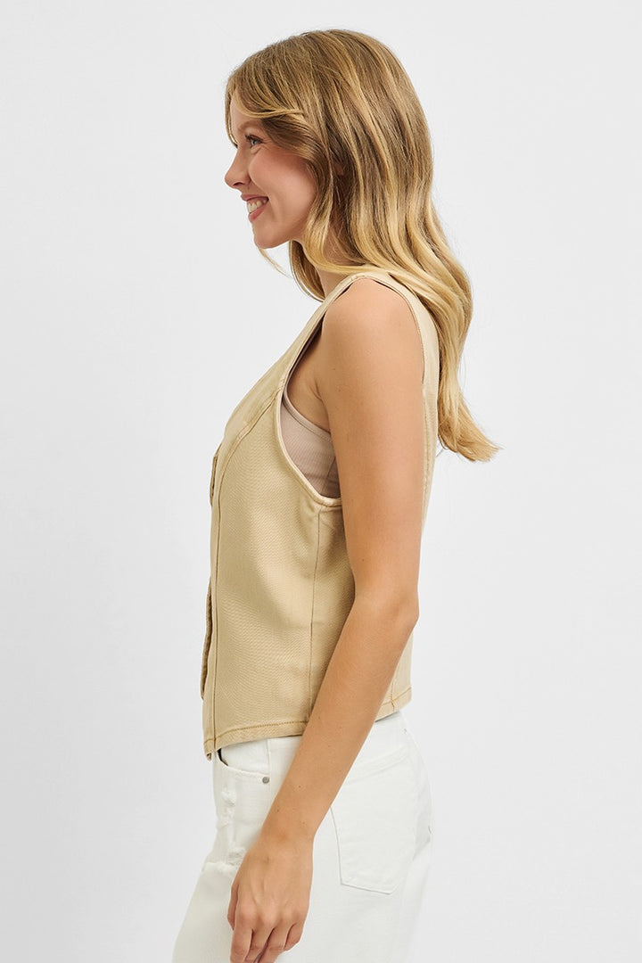 Latte Risen Full Size V Neck Button Down Vest Plus Size