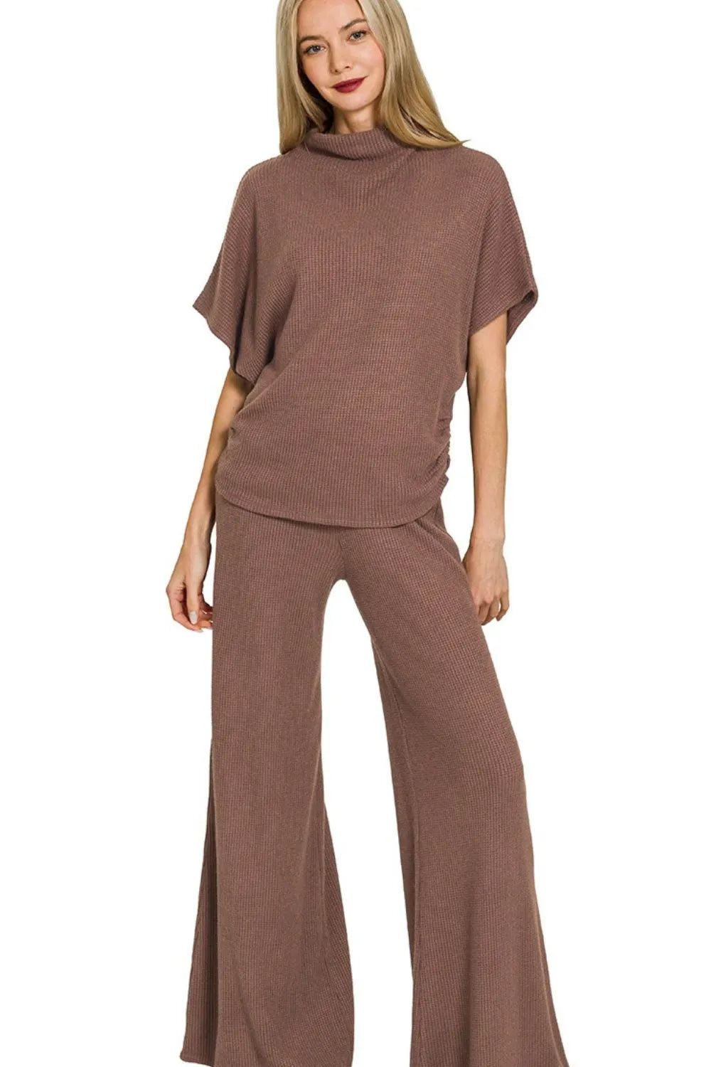 Brown Zenana Sweater Mock Neck Top Long Pants Set 2