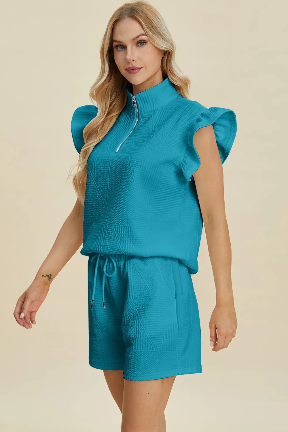 Brown Double Take Full Size Texture Flounce Sleeve Top And Shorts Set