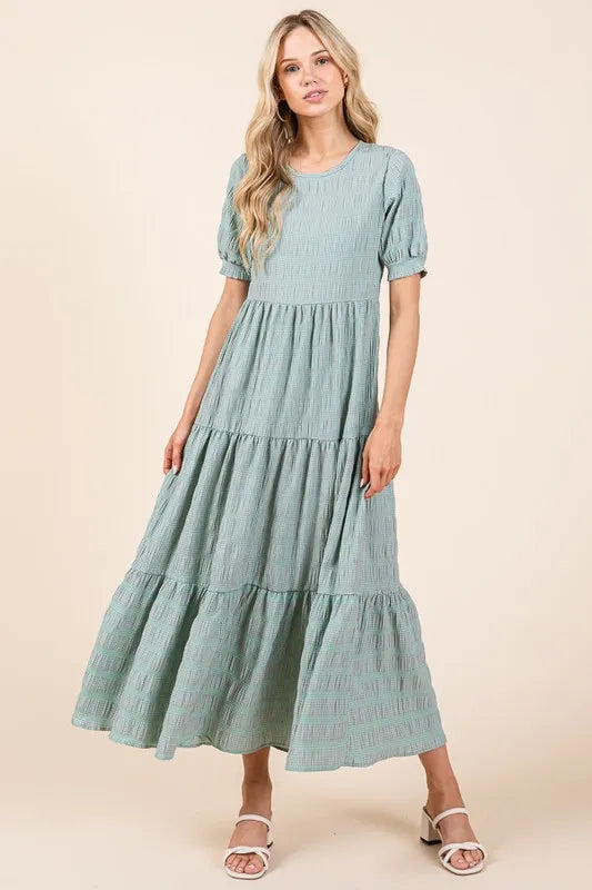 Mint Bombom Textured Short Sleeve Tiered Dress