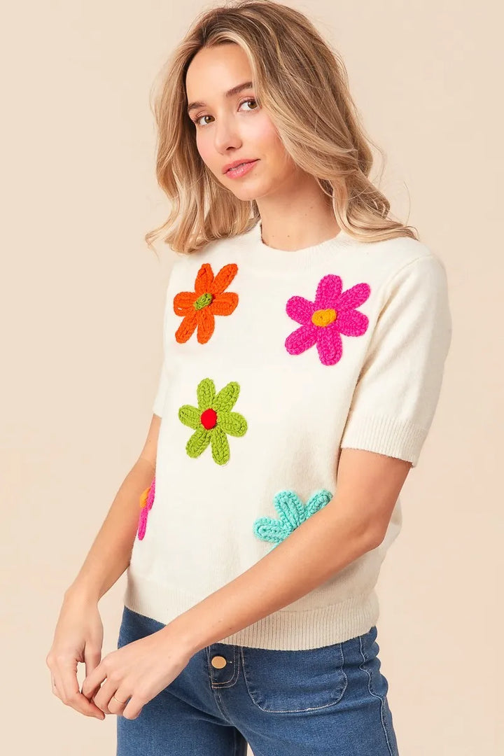 Bibi Crochet Flower Patch Sweater Top