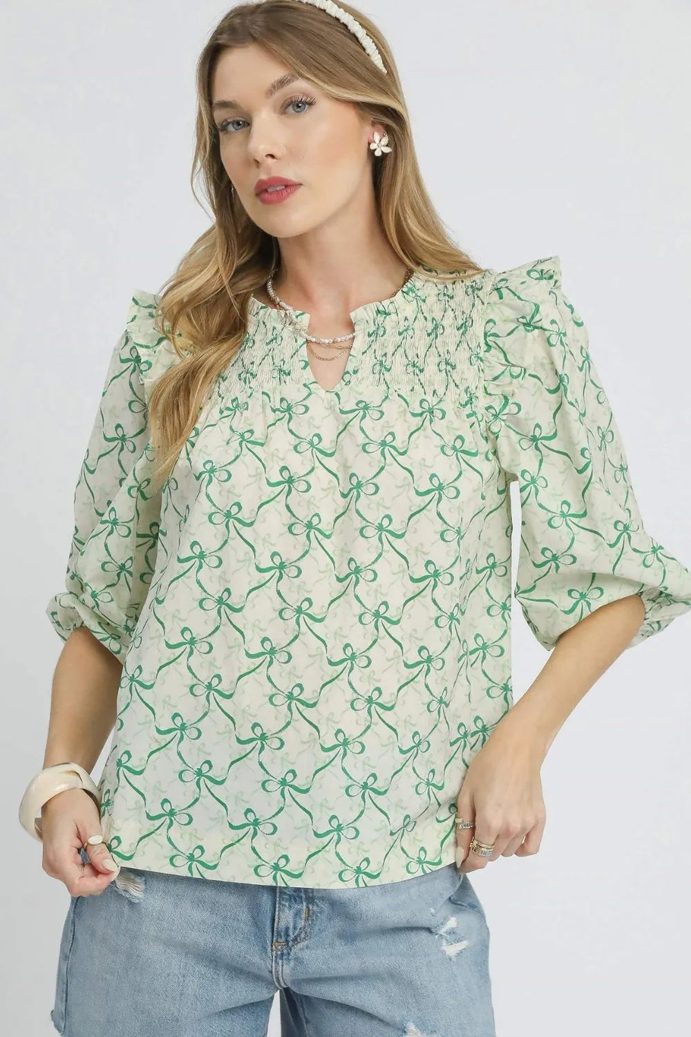 Green Umgee Ruffled Bow Print Notched Blouse