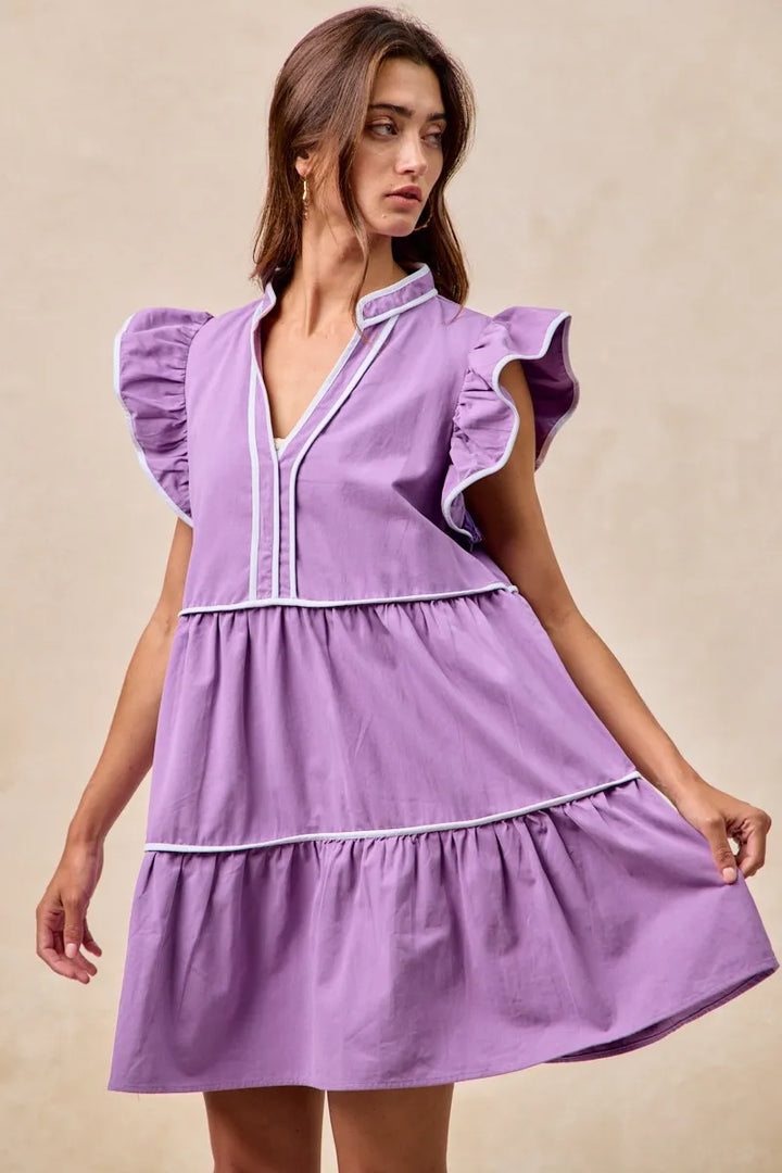 Purple Bibi Gameday Theme Contrast Binding Ruffled Dress
