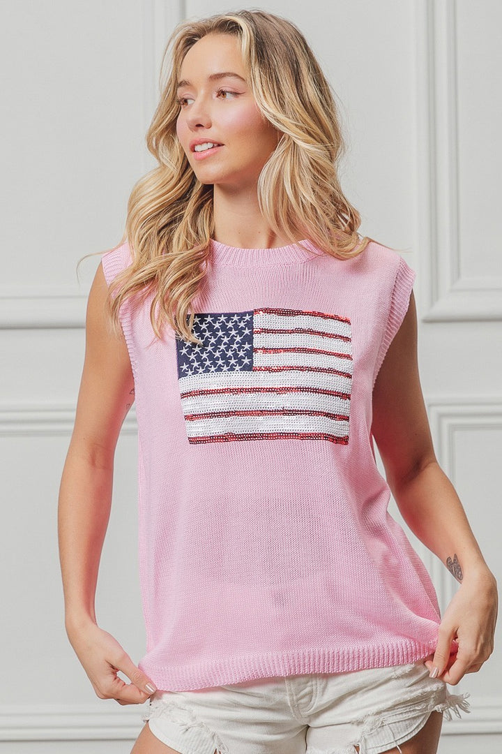 Bibi American Flag Sequins Patch Knit Top