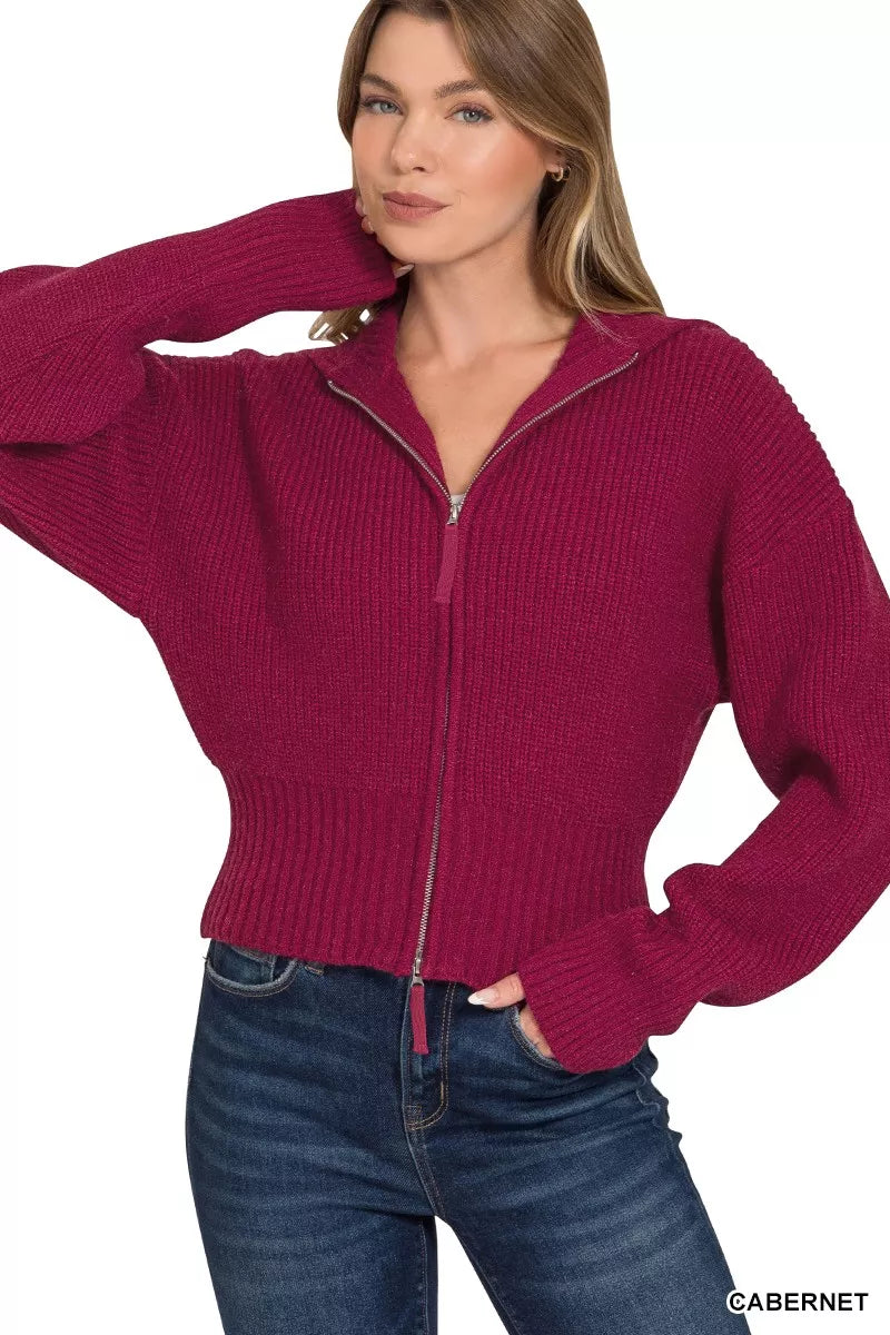 Cabernet Zenana Ribbed Collared Zip Up Sweater Cardigan 6