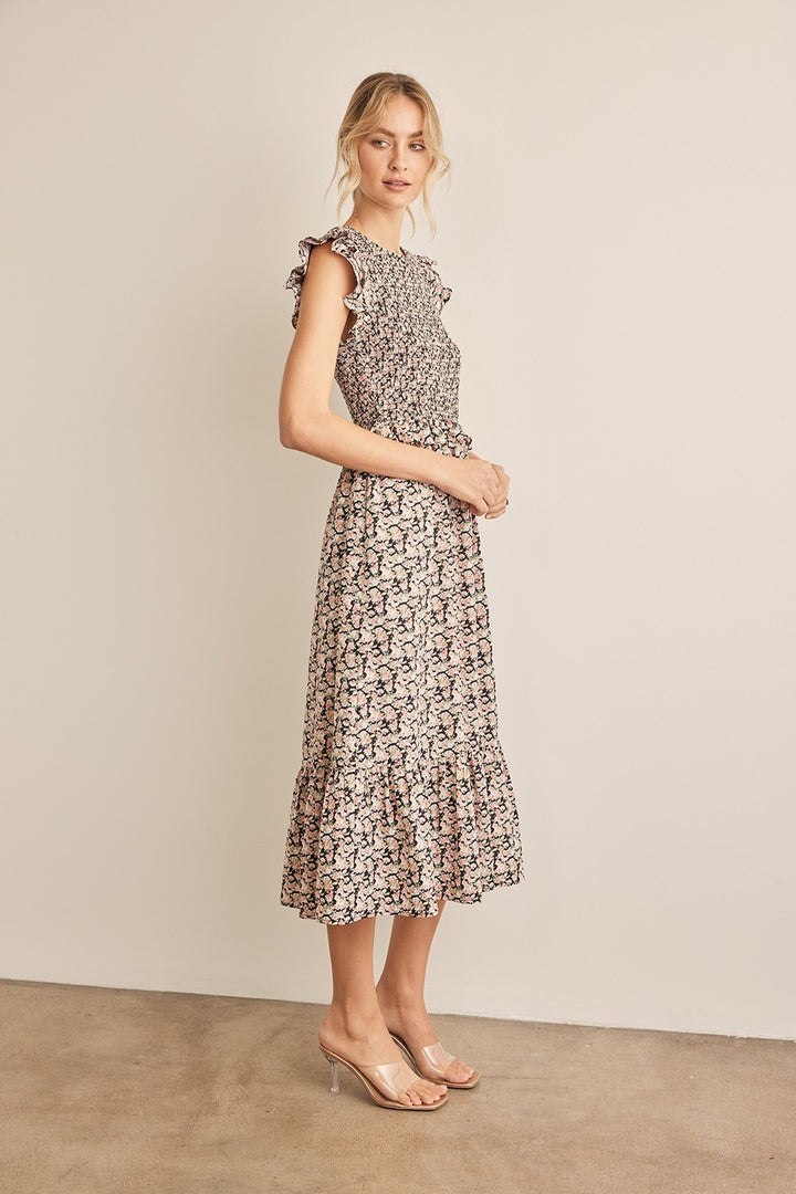 Black/Peach In February Floral Smocked Ruffled Midi Dress